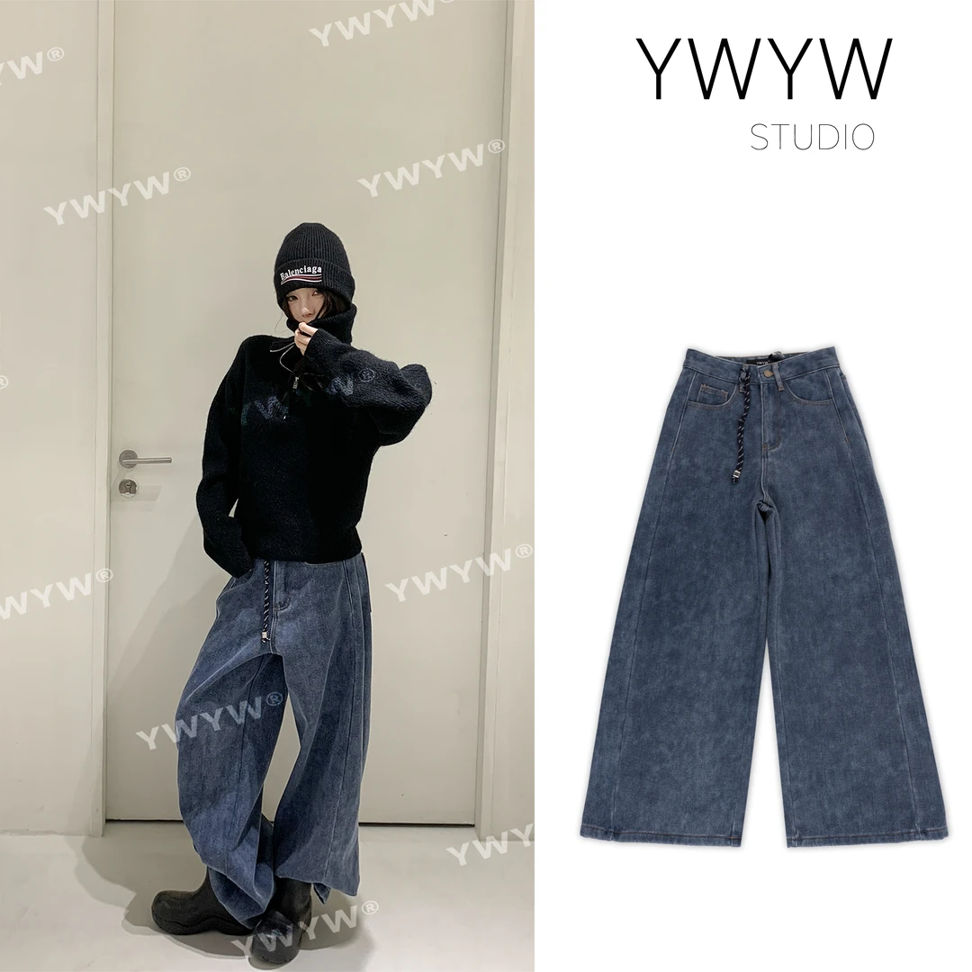 【YWYW24F/W】复古水洗保暖抓绒直筒阔腿牛仔裤+腰佩小配饰3356