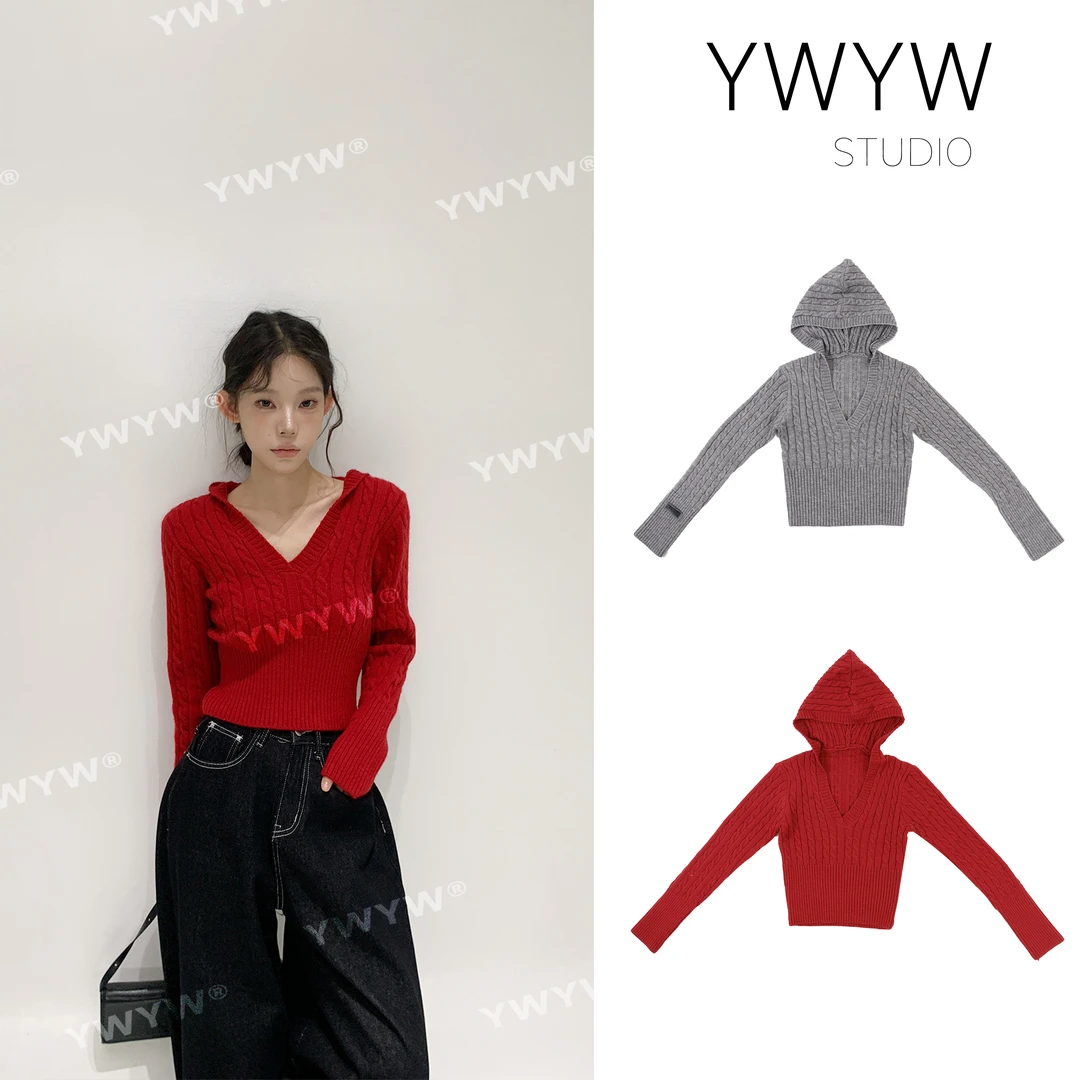 【YWYW24F/W】新年氛围连帽深V领螺纹针织百搭长袖套头毛衣3522