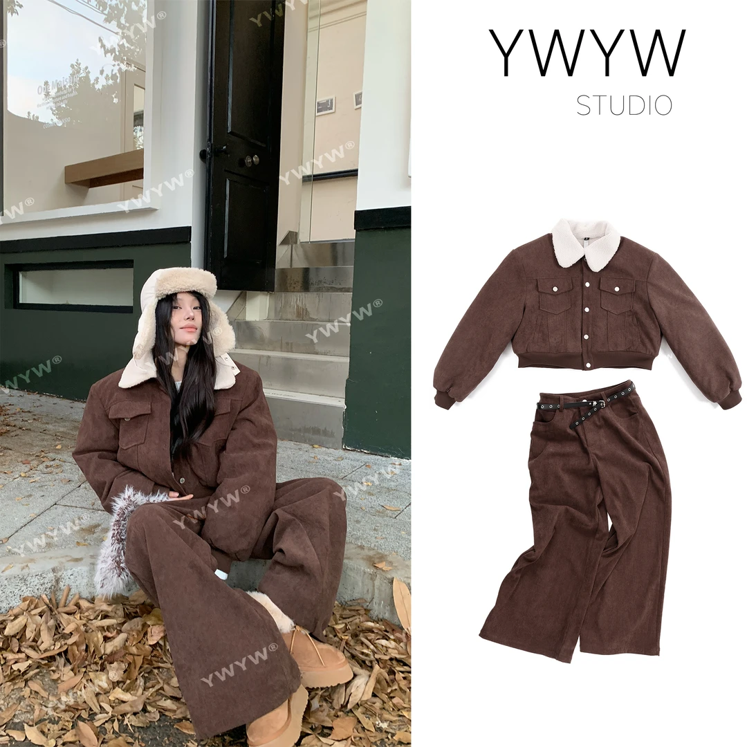 复古美拉德螺纹灯芯绒保暖加棉翻领外套+夹绒直筒长裤+腰带3530