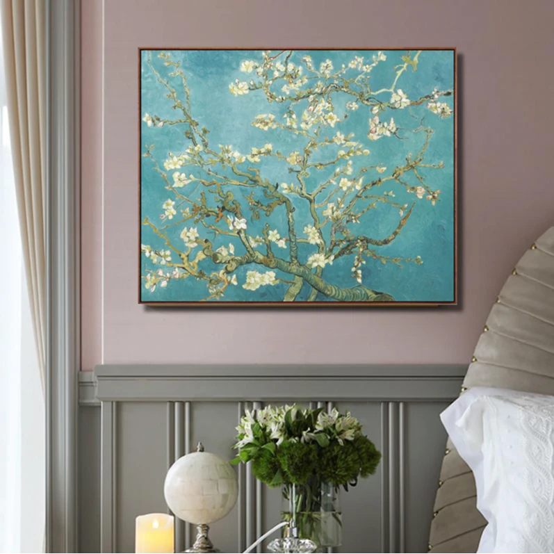 梵高杏花欧式美式高级感客厅卧室书房挂画实木外框加厚棉质油画布