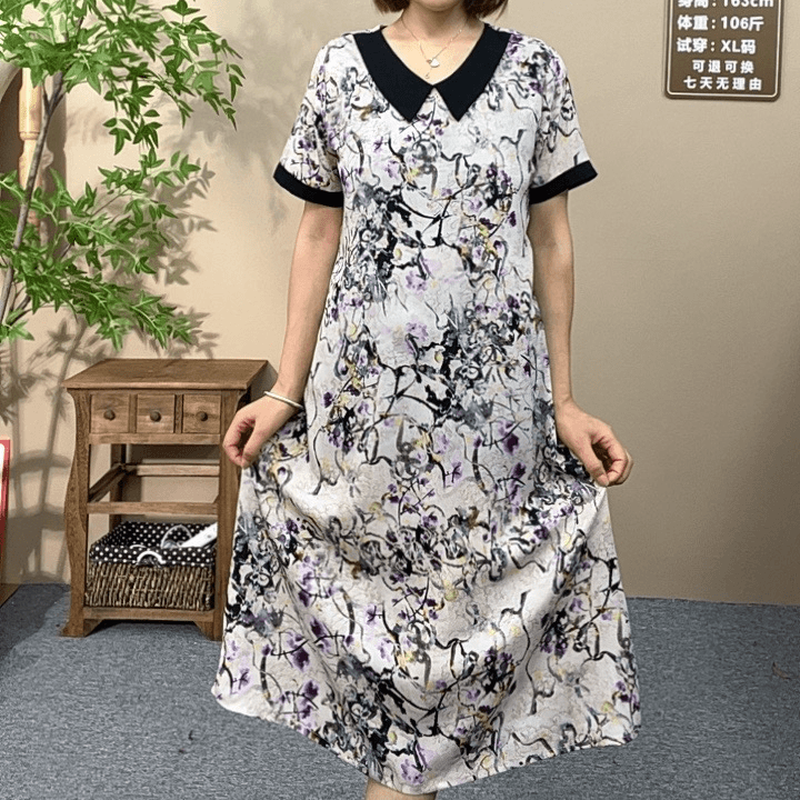 【夏半穗】女装连衣裙中老年妈妈装时尚过膝印花娃娃领宽松连衣裙