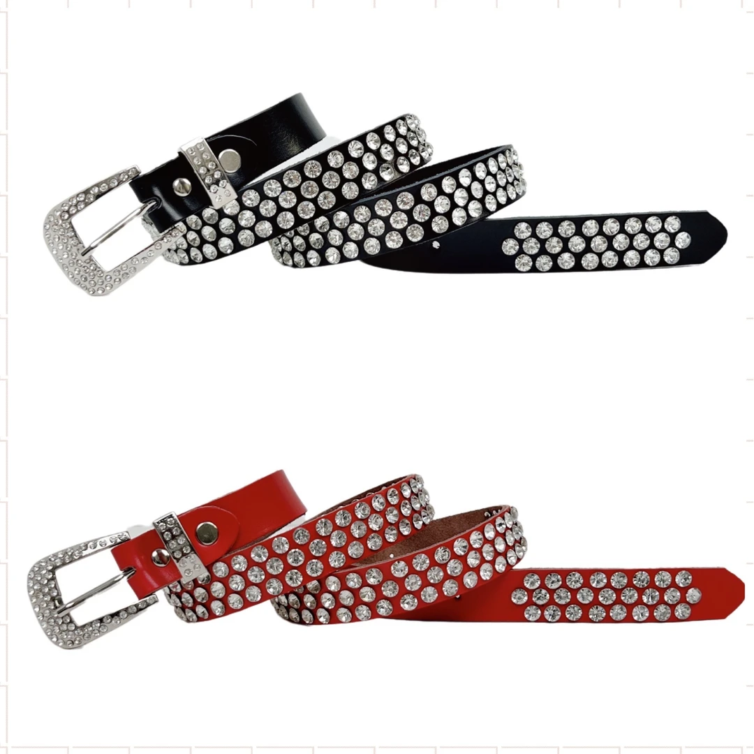 带钻白色皮带女款真皮水钻镶钻时尚百搭女士装饰牛仔裤带宽腰带黑