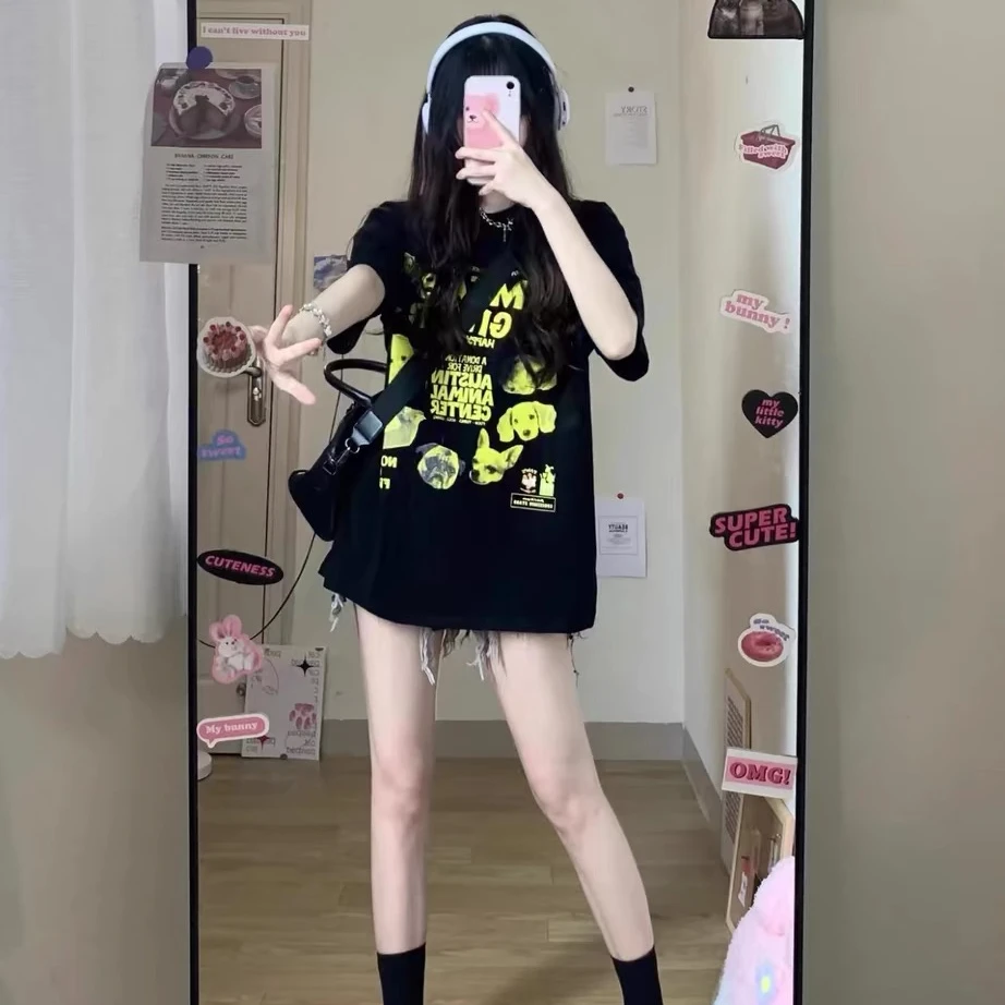 纯棉短袖t恤女夏季新款宽松美式复古oversize小众洋气设计感上衣