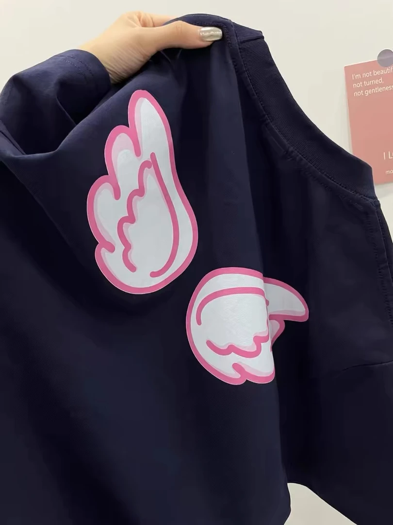 纯棉百搭短袖t恤女2024新款夏季设计感小众美式体恤宽松藏青色ins