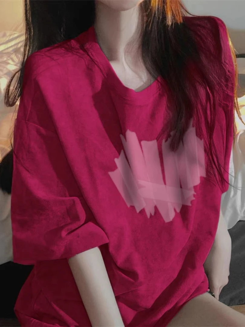 重磅纯棉玫红色短袖t恤女夏季2024新款小众设计感法式小个子上衣