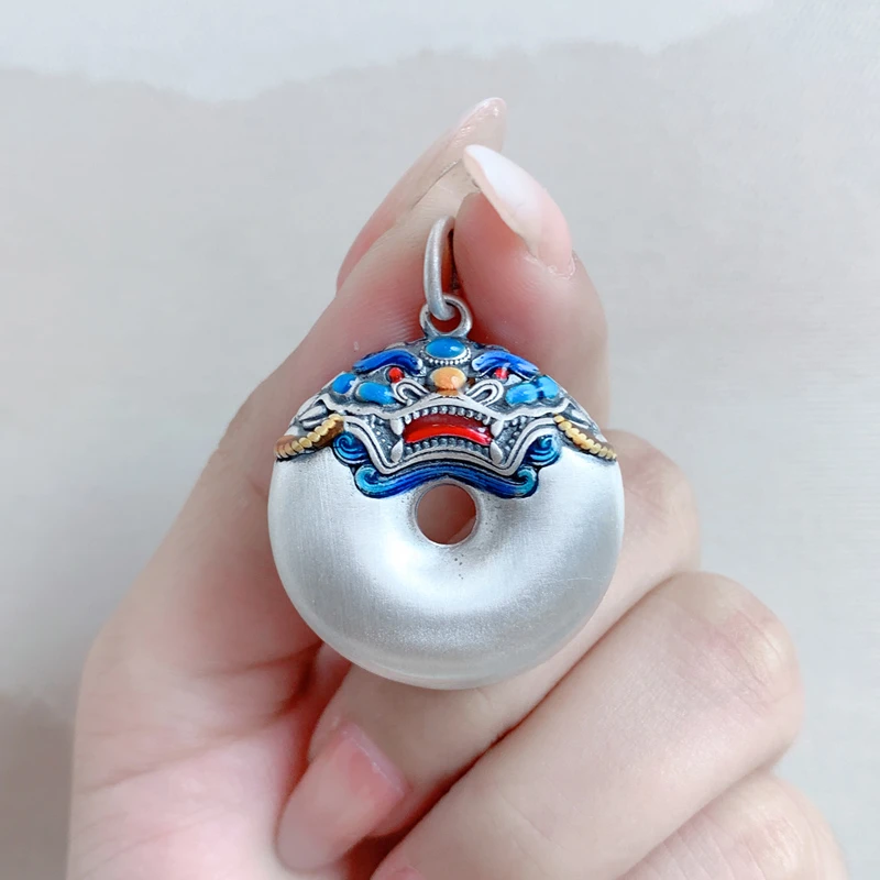 吊坠足银 足银珐琅彩醒狮平安扣实心吊坠个性饰品复古民族风