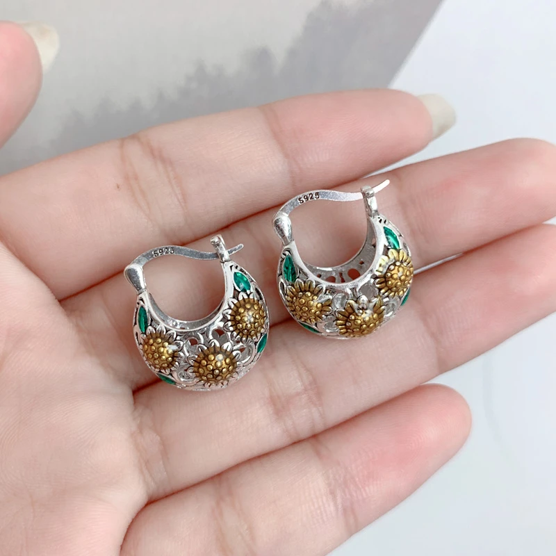 925银珐琅耳饰 925纯银向日葵耳包 耳扣气质手工百搭精致镶嵌简约