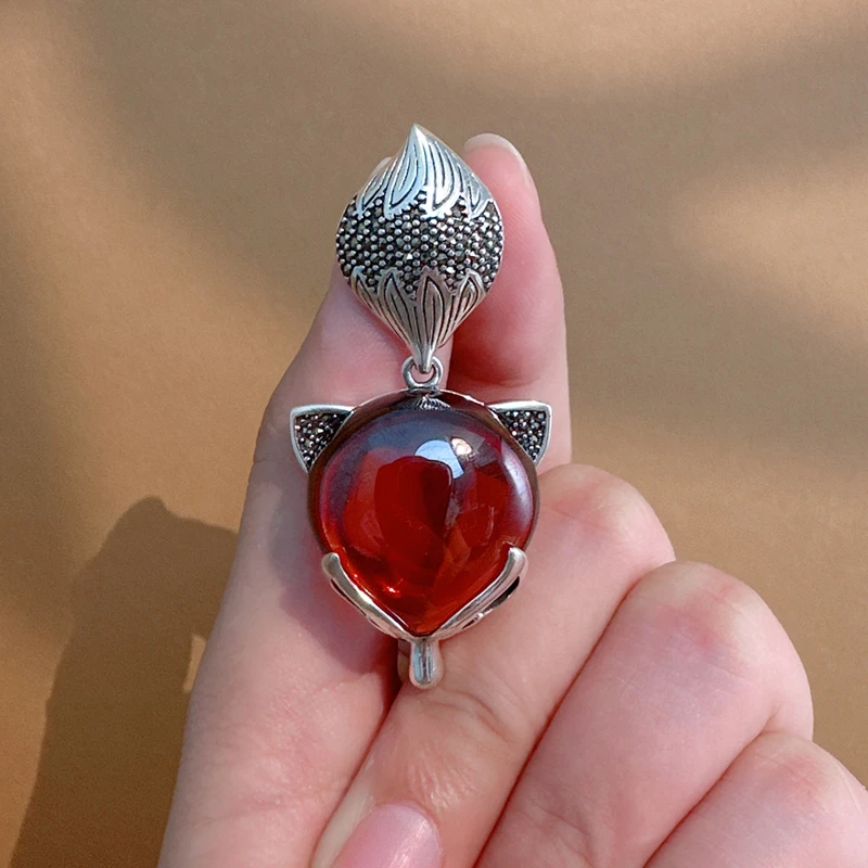 吊坠925银 红灵狐吊坠大蛋面狐狸吊坠手工轻奢百搭红色吊坠