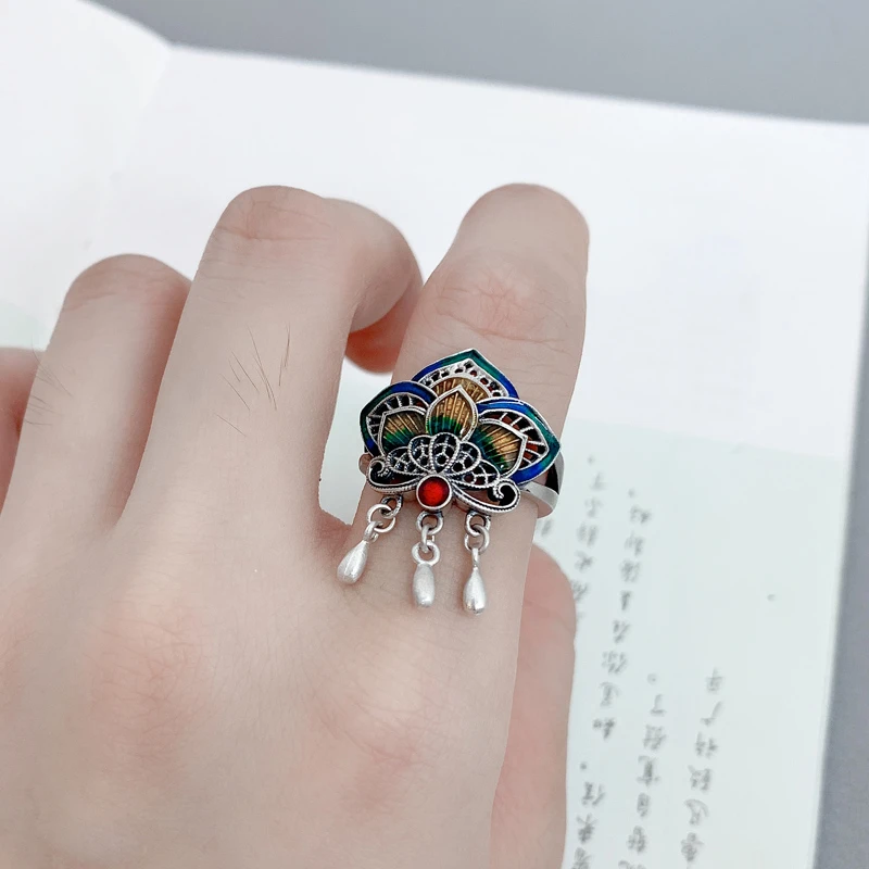 925银珐琅戒指 三瓣绿黄莲花流苏戒指民族风古风复古银戒烧蓝手工