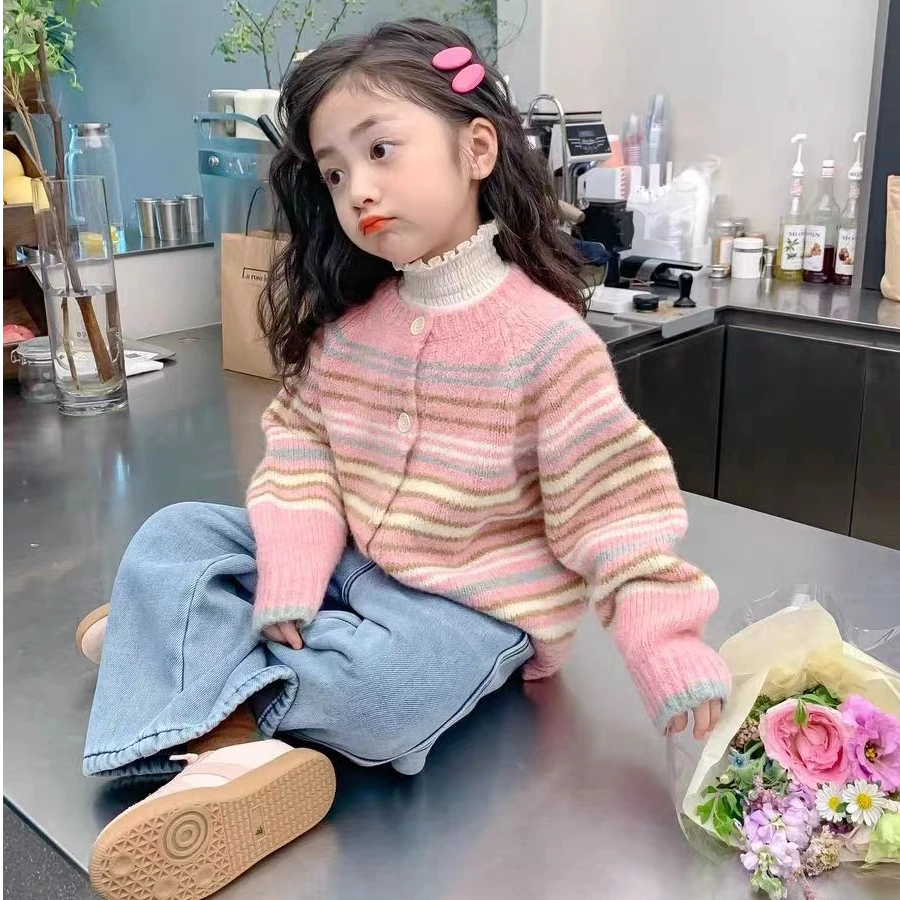 女童秋季开衫外套2023新款宝宝洋气条纹韩版上衣秋装女童针织衫
