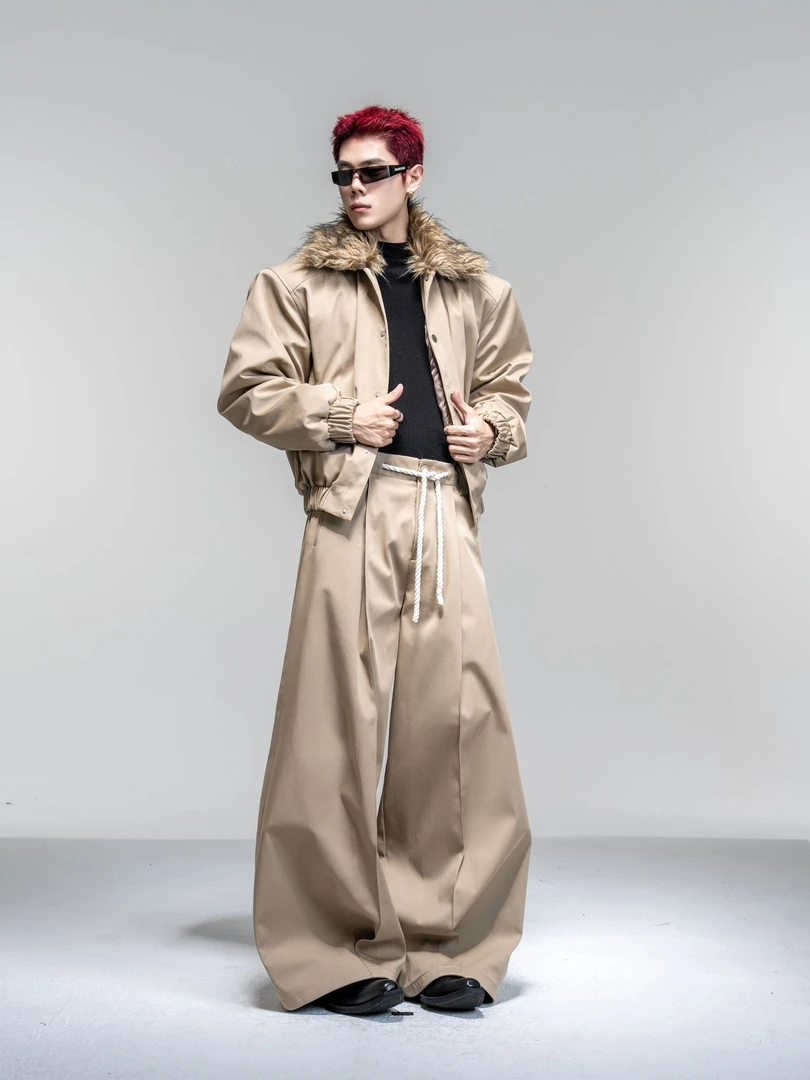 DBWDoublewin双色可拆毛领棉服外套男编织腰绳宽松休闲裤时尚套装