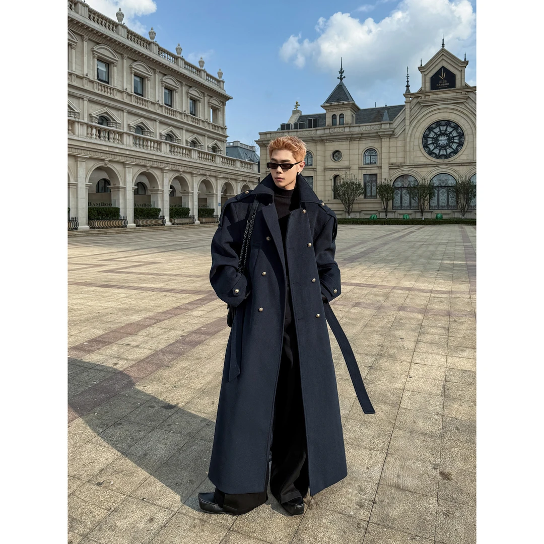 DBWDoublewin原创复古藏青色毛呢大衣男冬季宽肩挺阔呢子外套947