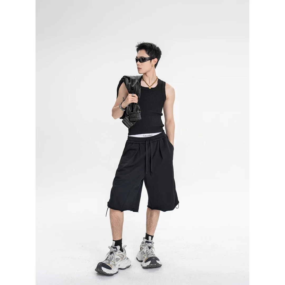 DBW Doublewin*抽绳可调节不同抽褶层次感的五分弹力休闲短裤673