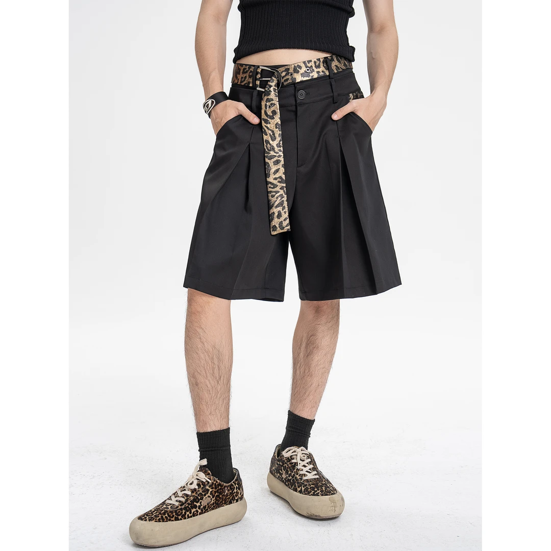 DBW Doublewin豹纹拼接黑色休闲短裤可调节腰带设计宽松五分裤683