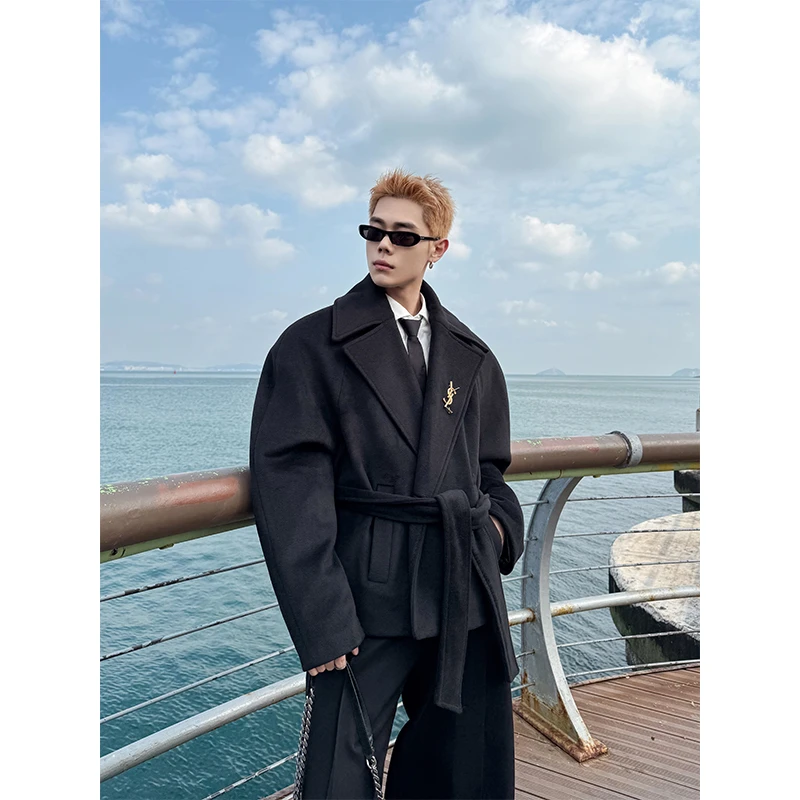 DBWDoublewin原创经典大翻领短款毛呢外套男秋冬高级挺阔呢子大衣
