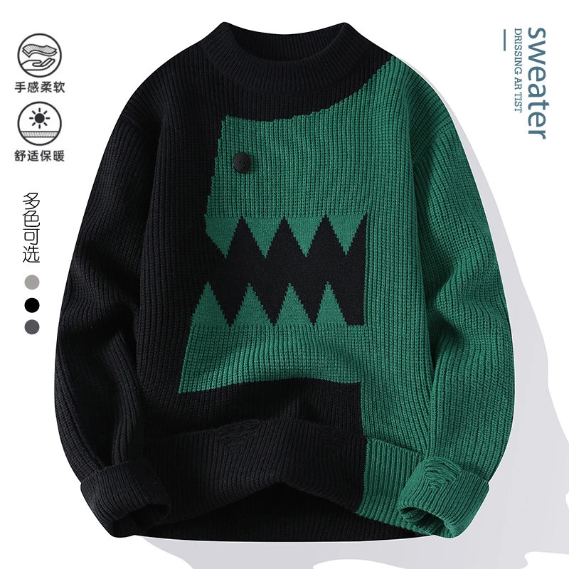 2024秋冬季潮流宽松圆领青少年拼色套头毛衣男士时尚针织衫潮Y009