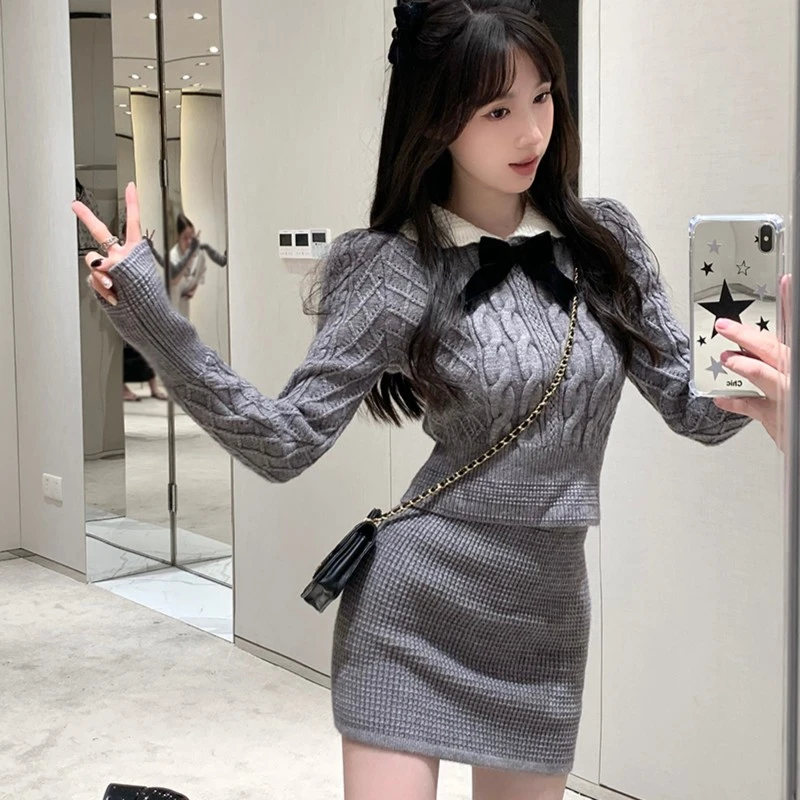 复古时尚针织套装女蝴蝶结修身上衣秋冬半身裙甜辣两件套时尚毛衣