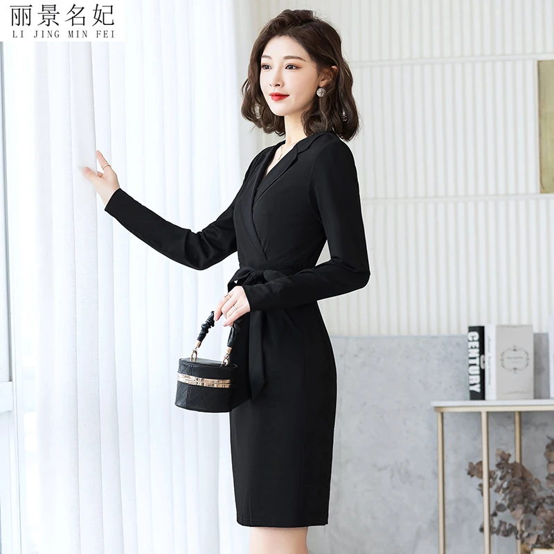 丽景名妃女装春夏款职业装时尚连衣裙中长裙长袖后开叉显瘦工作裙