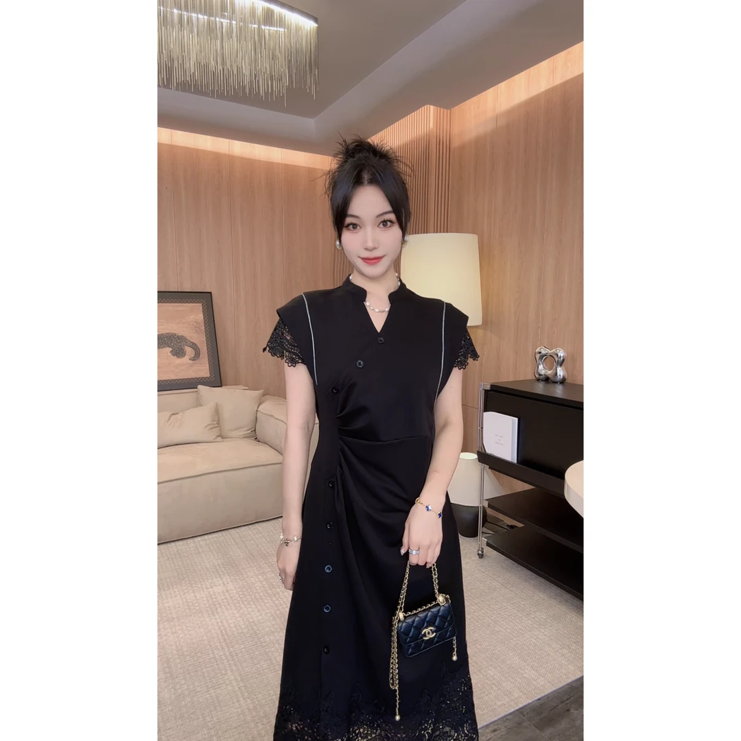 6625雪法式气质名媛高端精致女神范高级感蕾丝拼接连衣裙