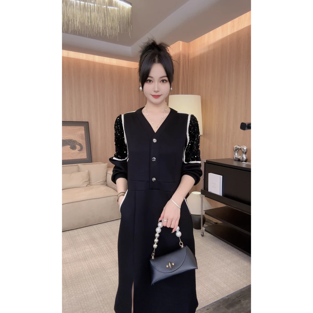 3179  新款胖mm轻奢名媛洋气连衣裙时尚法式拼接亮片休闲 连衣裙