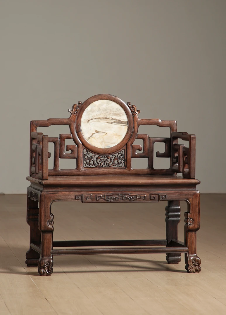 乾隆工老红木嵌云石螭龍纹宝座