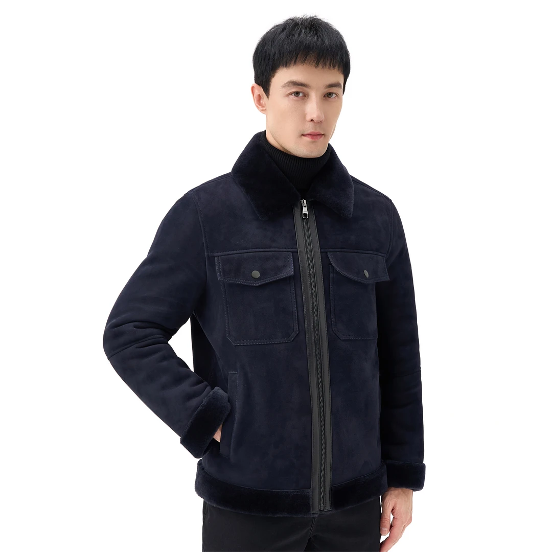 [玛龙宝]羔羊美利奴皮毛一体真皮皮衣24冬季新款衬衫风休闲外套