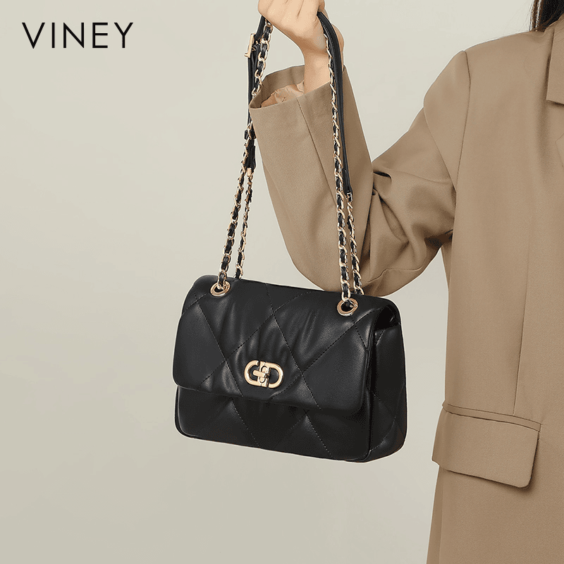 Viney真皮女包包黑金牛皮链条包小香风菱格包大容量斜挎包90758