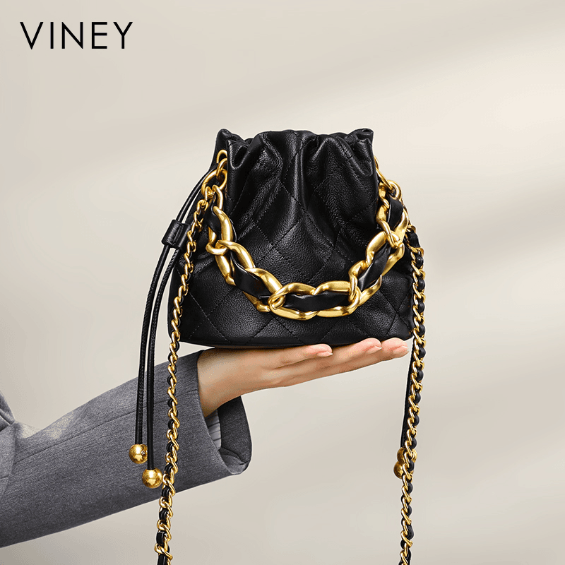 Viney真皮女包包轻奢黑金链条包韩版迷你水桶包云朵5923