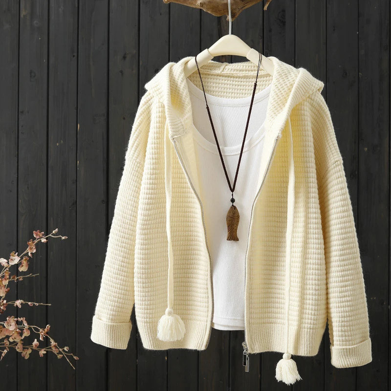 秋季2024年新款文艺范连帽纯色拉链针织开衫女小个子短款毛衣外套