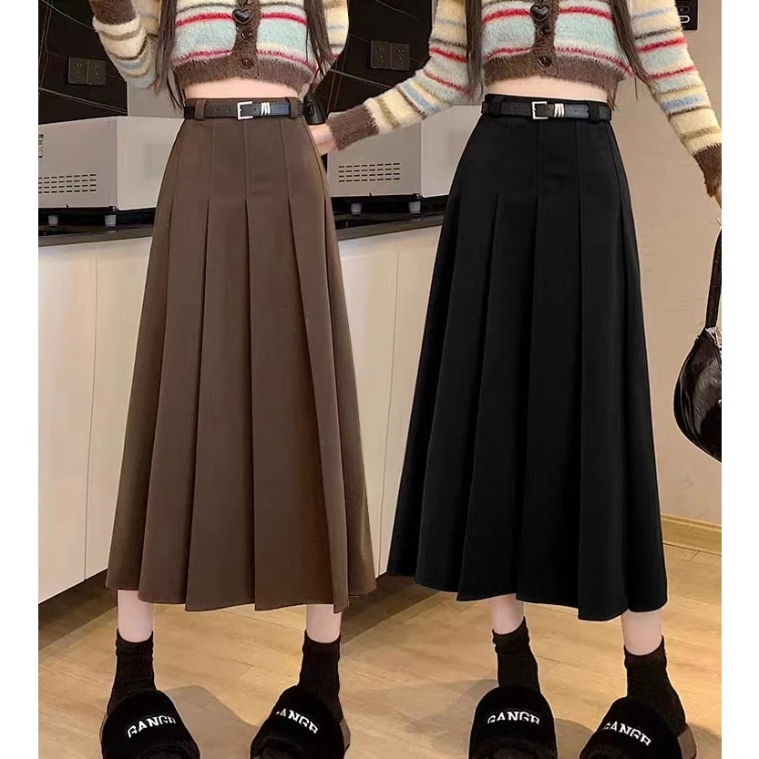 2023新款毛呢秋冬长款百褶裙高腰百搭学院风显瘦半身裙气质中长款