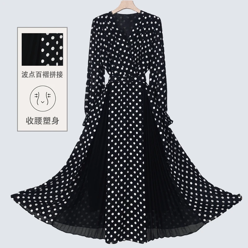春装新款时尚轻奢女波点拼接修身显瘦气质百搭连衣裙Z8832