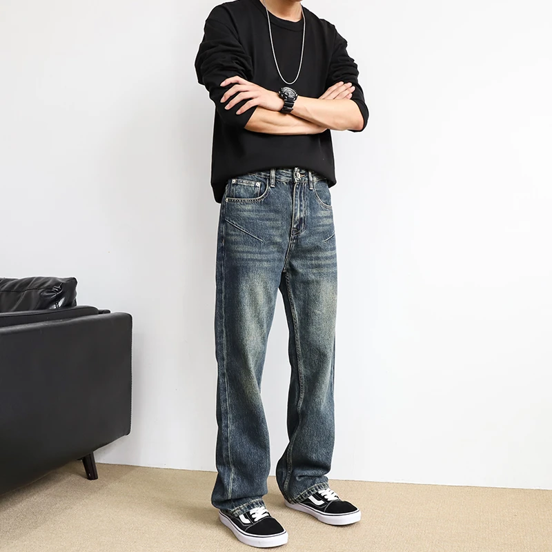 秋冬复古蓝色宽松直筒牛仔裤男款美式高街vintage休闲百搭长裤男
