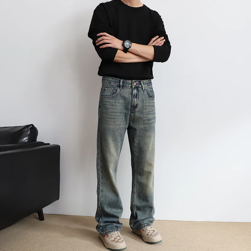 2025春夏美式街头牛仔裤男士复古蓝色做旧百搭长裤vibe宽松直筒裤