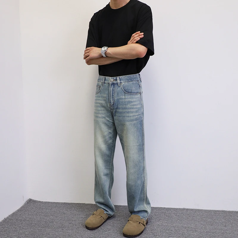秋季美式休闲痞帅复古蓝色牛仔裤男直筒宽松高街百搭个性长裤子潮