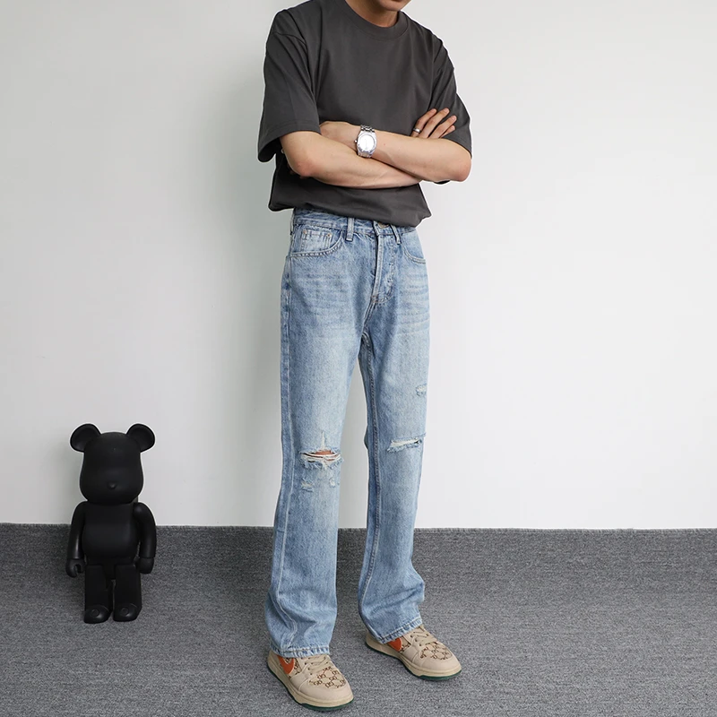 美式高街浅色破洞微喇牛仔裤男痞帅宽松直筒休闲男士2025新款长裤