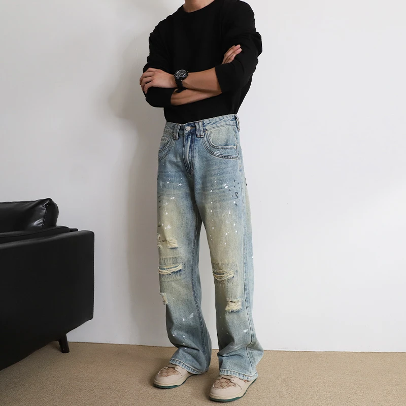 2025秋冬微喇牛仔裤男款高街潮牌泼漆破洞裤水洗蓝色宽松直筒裤男