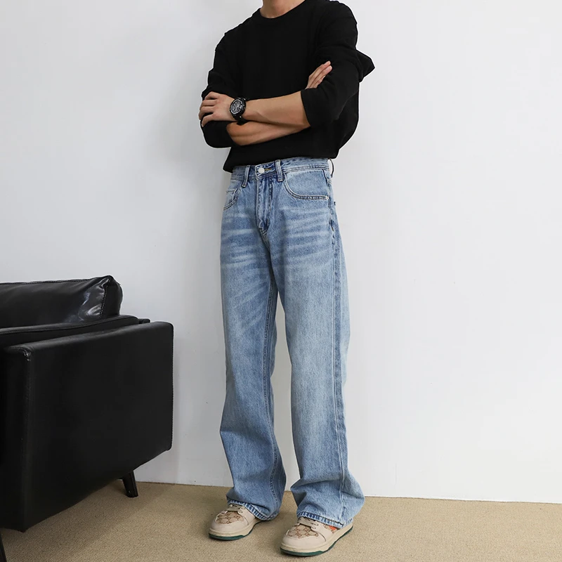 cleanfit裤子男浅蓝色微喇叭牛仔裤男生休闲简约百搭宽松直筒长裤