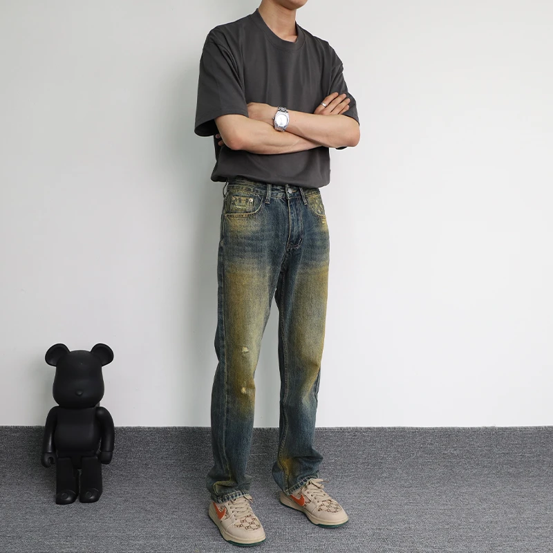 直筒牛仔裤男士2025春秋水洗泥黄蓝裤子美式潮牌复古做旧宽松长裤