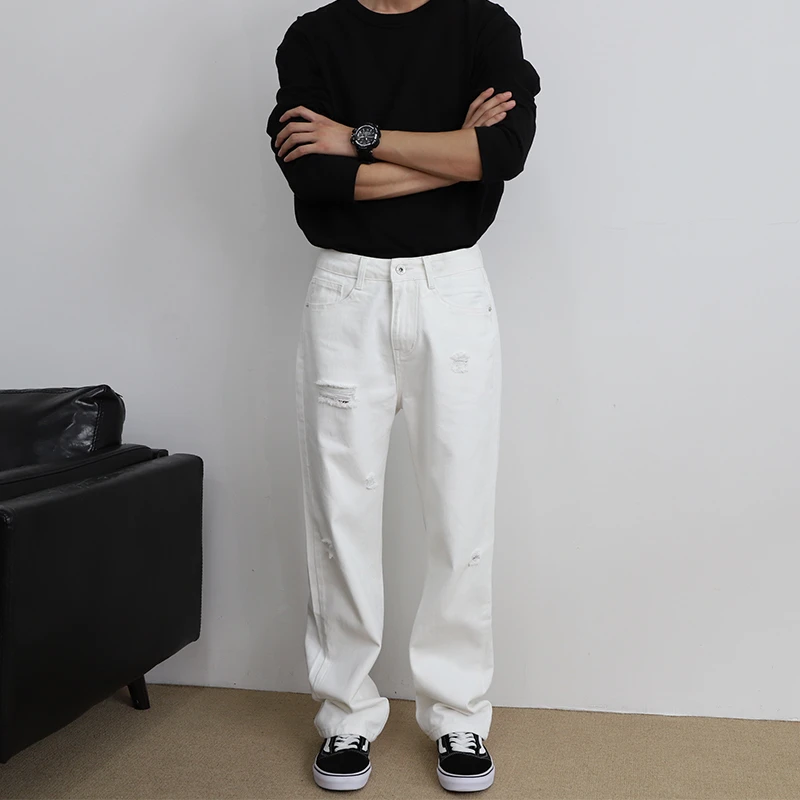 潮牌美式高街宽松直筒白色牛仔裤男2025春秋破洞裤帅气百搭长裤男
