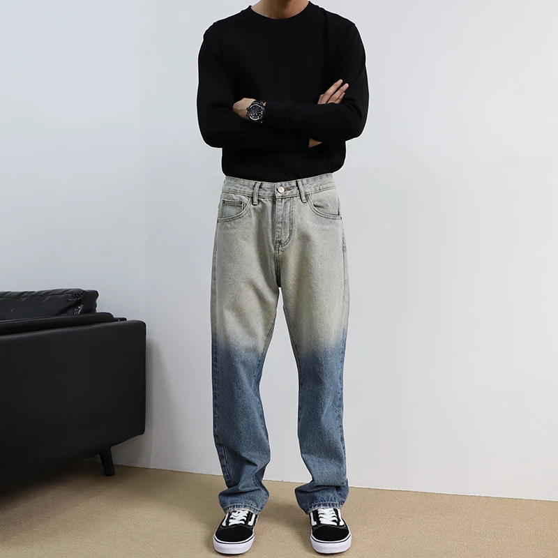 渐变水洗蓝色牛仔裤宽松阔腿直筒裤男美式潮流百搭休闲男士长裤潮