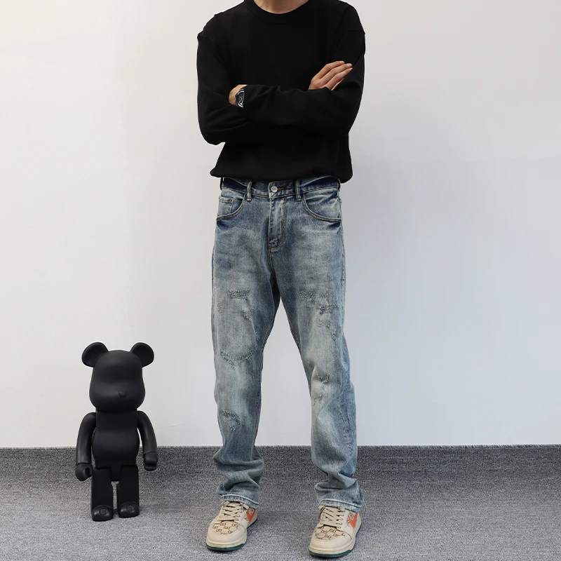 秋季蓝色猫须设计美式高街牛仔裤宽松直筒复古水洗显瘦阔腿长裤男