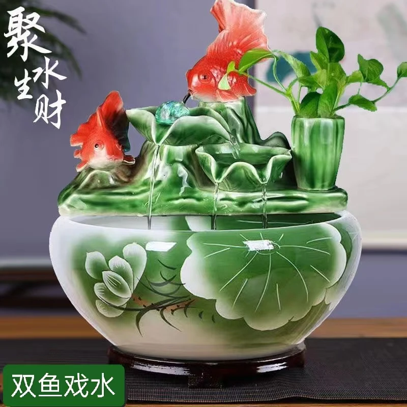 陶瓷鱼缸办公室招财流水摆件玄关花式鱼缸客厅家用摆件循环水喷泉