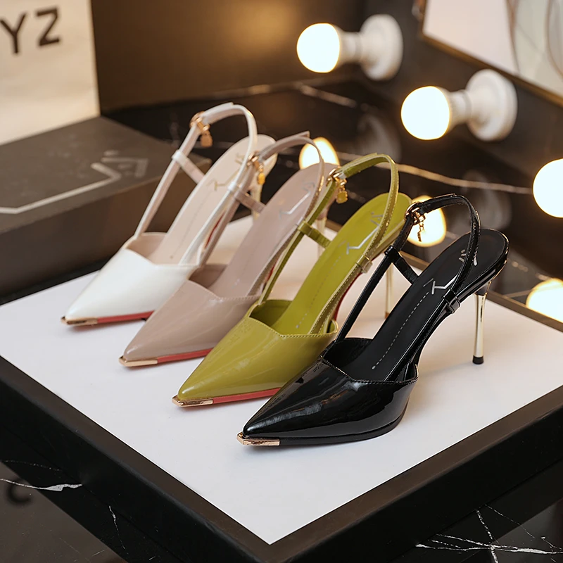 绿色白色裸色5-8cm网红浅口高跟鞋细跟小众设计感气质尖头凉鞋夏