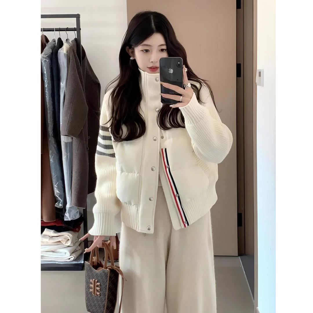 韩系小个子短款棉服女假两件冬季2024新款针织拼接设计感小众外套