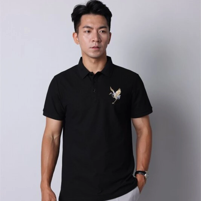 刺绣仙鹤男装2024新款t恤潮牌polo衫翻领短袖修身ins潮流网红百搭