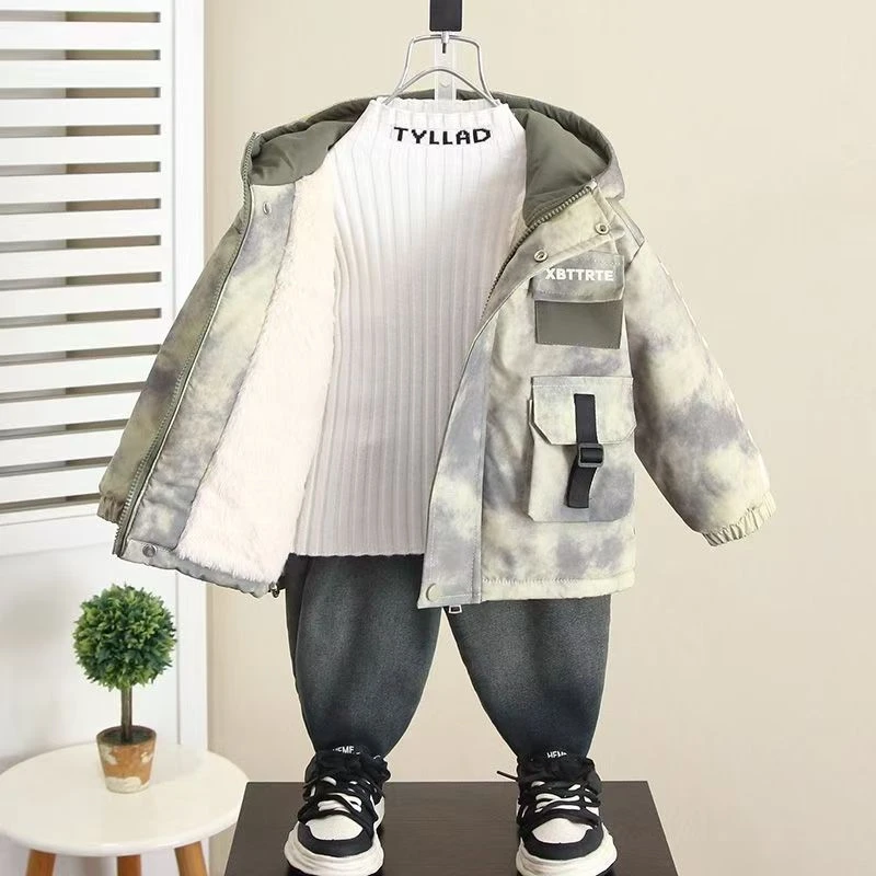 男童冬装派克服宝宝迷彩加绒加厚外套中小童冬季棉服儿童加厚棉衣
