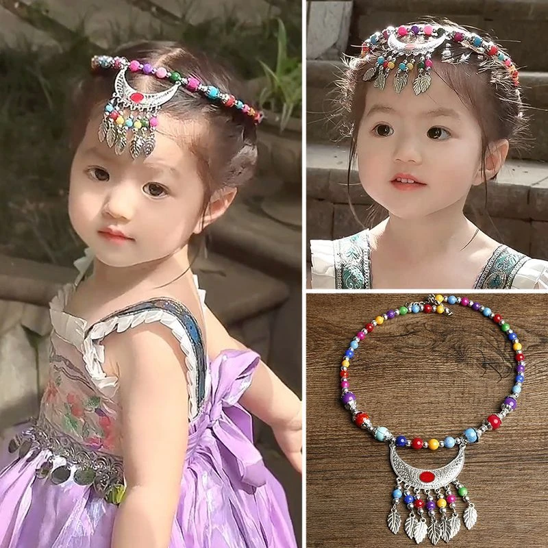 【小伊伊家】儿童民族风头饰项圈项链苗族旅游拍照仿银额链女童发饰