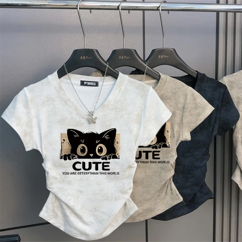 小众设计感卡通猫咪印花扎染V领短袖T恤女夏季新款修身正肩上衣潮