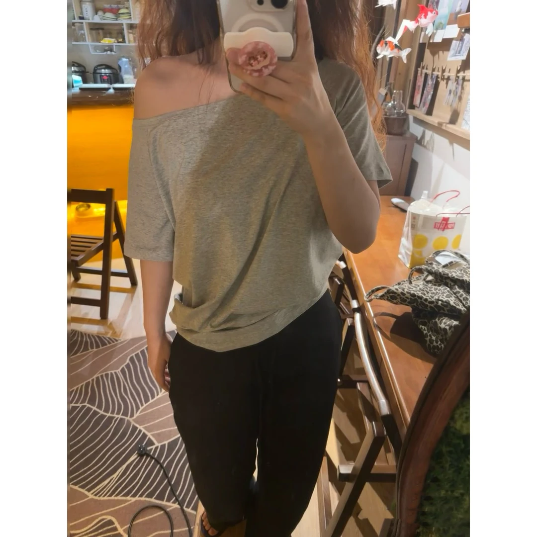 夏季薄款显瘦宽松松弛感休闲轻薄舒适一字肩斜肩堆叠两穿短袖T恤
