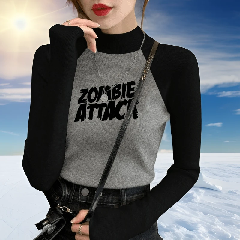 半高领韩版打底衫女秋冬灰色正肩修身显瘦内搭磨毛长袖T恤上衣潮